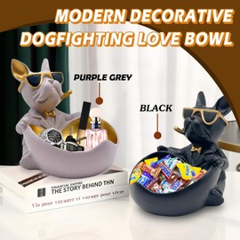 Huhote Bulldog Candy Bowl Decor, Heart-shaped Key Holder Bowl Candy Dish, Bulldog Accessories, Resin Bulldog Statue for Office Desk Home Decor Figurines Entryway Table Decor (Black)