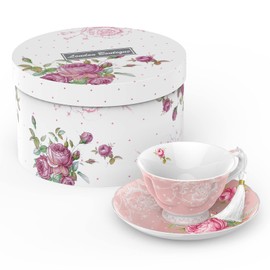 London Boutique Tea Cup and Saucer Set, 1 Afternoon Tea Set, Bone China, Vintage Flora Gift Box, 200m (Pink)