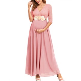 AISWI 3/4 Sleeve Maternity Dress Leaf Lace Contrast Chiffon V Neck Wrap A Line Flowy Pregnancy Dresses for Baby Shower, Light Pink, Large