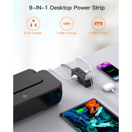 Black Power Strip Surge Protector, BESHON 5Ft Extension Cord, 6 Outlets with 3 USB Ports(1 USB C Outlet), 3-Side Outlet Extender, Wall Mount, Compact for Travel, Home, College Dorm Room, and Office