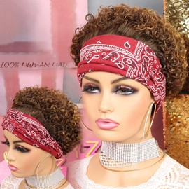 VRZ Headband Wig Human Hair Short Curly Wigs for Black Women Highlight BROWN with Blonde #30 Kinky Curly Bob Glueless Human Hair Wigs Machine Made No Lace Deep Curly Headband Wig Color F4/30#