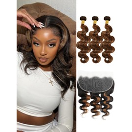 Anmetan F1B/30 Ombre Bundles With Frontal 13x6 Human Hair Body Wave, Hd Transparent Ear To Ear Lace Honey Blonde Highlight 12A Wavy Weave Remy Hair 3 Bundles And 13x6 Frontal Closure (12 14 16+12 In)