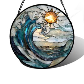 DASTOLL Stained Glass Window Hanging, Blue and White Waves Suncatcher Diamond Glass Panel Landscape Sun Catchers Decor for Birthday for Women, Men, Wife, Aunt, and Mom 6.3 x6.3 in