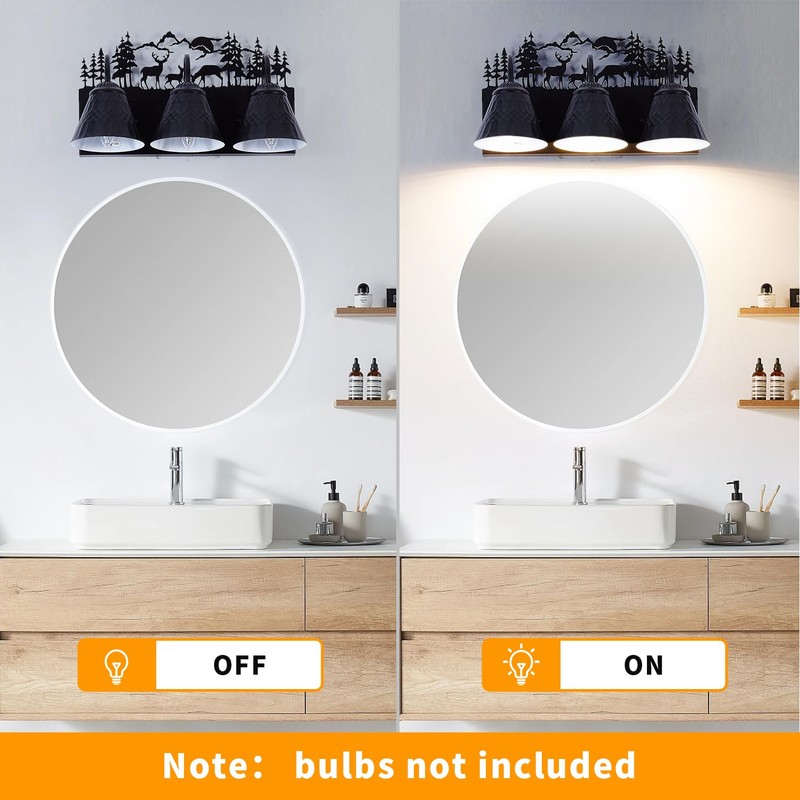 Rustic 3-Light Black Vanity Light Fixtures with Deer Design, E12
