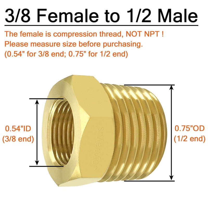 Joywayus 1/2 NPT Male to 3/8 Compression Female Thread Bushing
