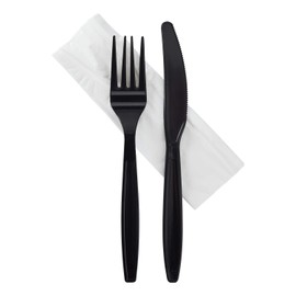 Karat [ 500 ct ] Black Wrapped PP Plastic Heavy-Weight Cutlery Set with Napkin (Knife, Fork, 1-ply Napkin) U2207B