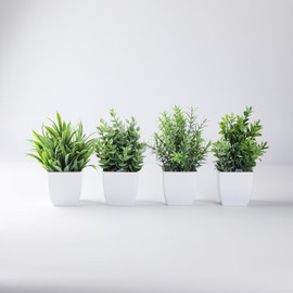 Meinature Artificial Plants, 4 Pack Small Faux Plants in White Pots for Home Decor (White)