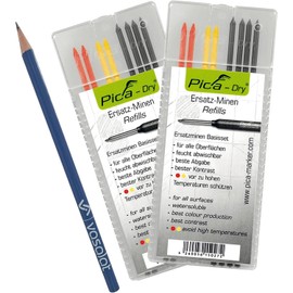 Pica Dry Refill Set - 16 Pieces Deep Hole Marker Refills for All Surfaces in Graphite/Red/Yellow