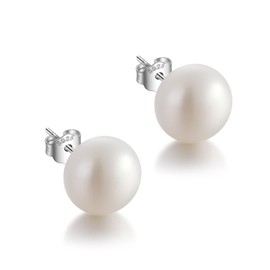 JaruJaru Small Freshwater Button Pearl Stud Earrings-8mm, S925 Sterling Silver, Near-round Flatback, Hypoallergenic Minimalist Earrings for Sensitive Ears, Comfort Sleep Earrings
