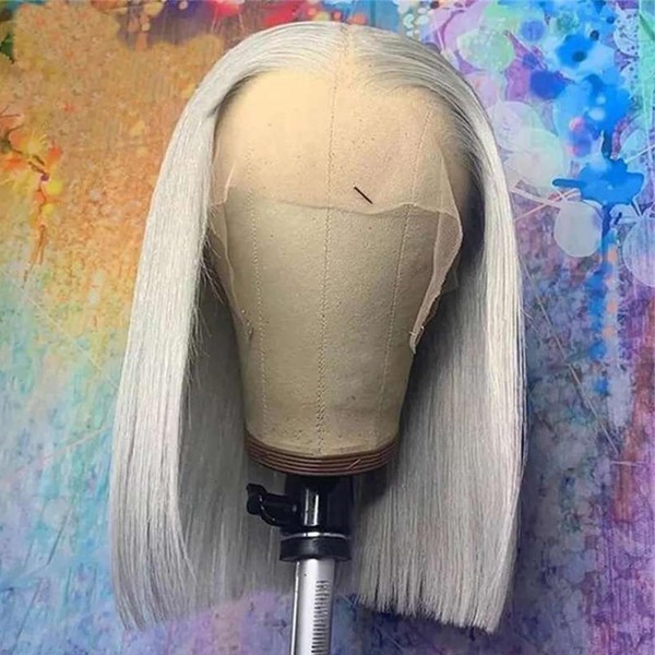 FJsuprise 16 Inch Long Grey Bob Wigs Human Hair Straight