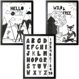 TOBJA® High-quality poster set for children's room, premium A4 wall pictures as baby room decoration, children's wall decoration, deer & fox & learn ABC numbers, set of 3 Scandinavian children's