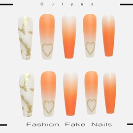 Outyua Coffin Press on Nails Matte Extra Long False Nail Ballerina Designer Fake Nails Acrylic Full Cover Nails for Women and Girls 24pcs (Orange Heart)