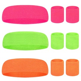 SAIIURV 9 Stück Neon Schweißbänder Set, Retro Sportstirnband Handgelenk für Damen Herren, Fitness Arm Schweissband und Stirnband 80er Kostüme Accessoires für Party Karneval Cosplay (3 Farben)