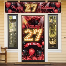 Happy 27th Birthday Door Cover Porch Banner Sign Set - 27 Years Old Birthday Decoraions Party Supplies for Women Men - Red