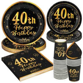 96 Pieces Black and Gold Birthday Party Tableware Set, 40th Black and Gold Birthday Party Tableware Paper Plates Set, for Children Birthday Party Table Decoration 24 Guests