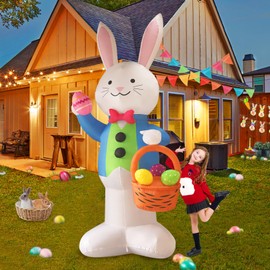 12FT Easter Outdoor Inflatable Decoration, Inflatable Bunny Jacquard Basket, Built-in LED Lights, Festive Yard Decoration, Suitable for Lawn, Garden, Party