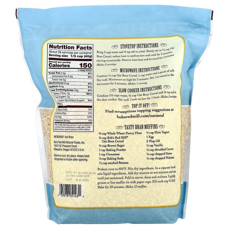 Bob's Red Mill High Fiber Oat Bran Hot Cereal, 40