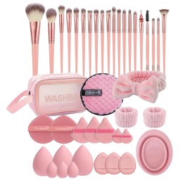 42Pcs Makeup Tool Set with Makeup Brush, Makeup Sponge, Powder Puffs, Face Wash Puffs, Headband &Wristband,Brush Cleaner Mat &Makeup Bag, Multi-functional Makeup Tool Kit for Beginner & Professional