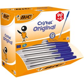 BIC Penne Blu a Sfera, Cristal Original, Punta Media (1.0 mm), Confezione da 90+10 Penne, Fornitura per Cancelleria Ufficio e Scuola