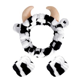 1 Piece Cow Headband with 2 Pieces Cow Bracelet, Cute Face Wash Headband, Makeup Headband, Makeup Remover Headband, Cow Horn Headband, Stretchy Spa Headband