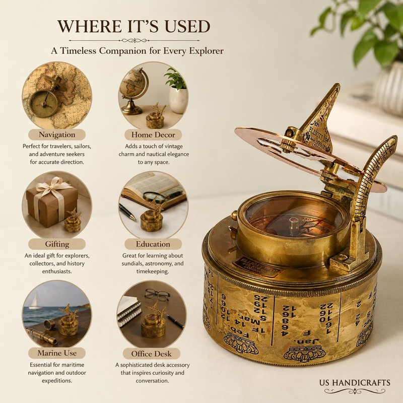 US HANDICRAFTS Vintage Compass Navigational Instrument - Marine Sundial Compass