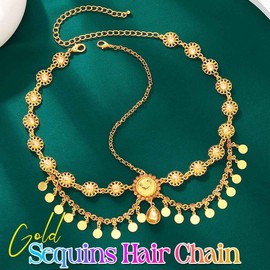 Banatra Boho Head Chain Gold Sequins Hair Chain Layered Crystal Headpiece Forehead Wedding Costume Hair Accessories for Women