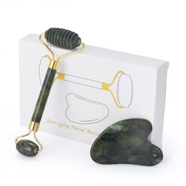 Green Gua Sha Facial Tools & Jade Roller for Face – 100% Natural Stone Face Massager Tool, Anti-Aging Guasha Tool for, Puffiness Reducing, Skin Care Gift for Women & Men