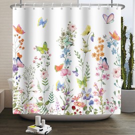 ZJRBJB Spring Floral Butterfly Shower Curtain Summer Colorful Wildflowers Botanical Shower Curtain for Rustic Vintage Bathroom Decor Easter Shower Curtain Set 72x72 Inches