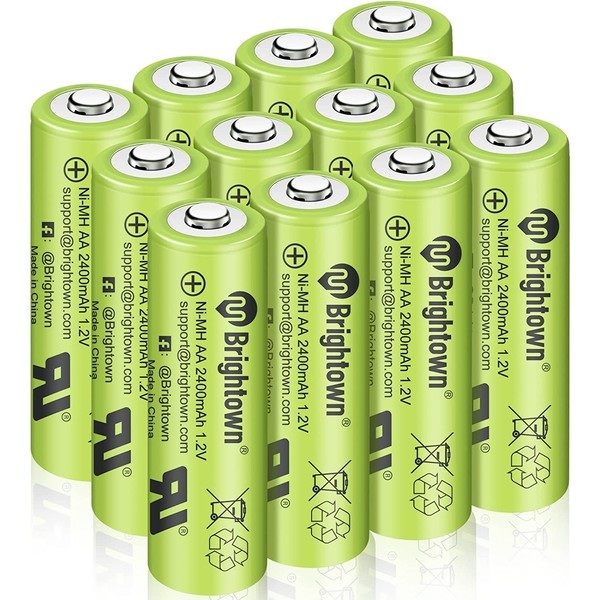 Brightown 12-Pack Rechargeable AA Batteries, 2400mAh High Capacity Precharged NiMH Double A Rechargeable Batteries for Solar Lights Household Devices, Recharge up to 1200 Cycles, UL Certified, 1.2V