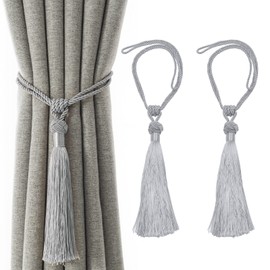 VEGCOO Curtain Tiebacks, 2 Pack Handmade Woven Rope Tassel Tie Backs Curtain Holdbacks Clips for Home Bedroom Window Decoration (Grey, 1 Pcs)