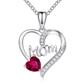 LOUISE VELLA Mom Necklace for Women 925 Sterling Silver Birthstone Necklace for mom, Necklaces for Mom Christmas Gifts from Daughters, Birthday Gifts for Mom (red)