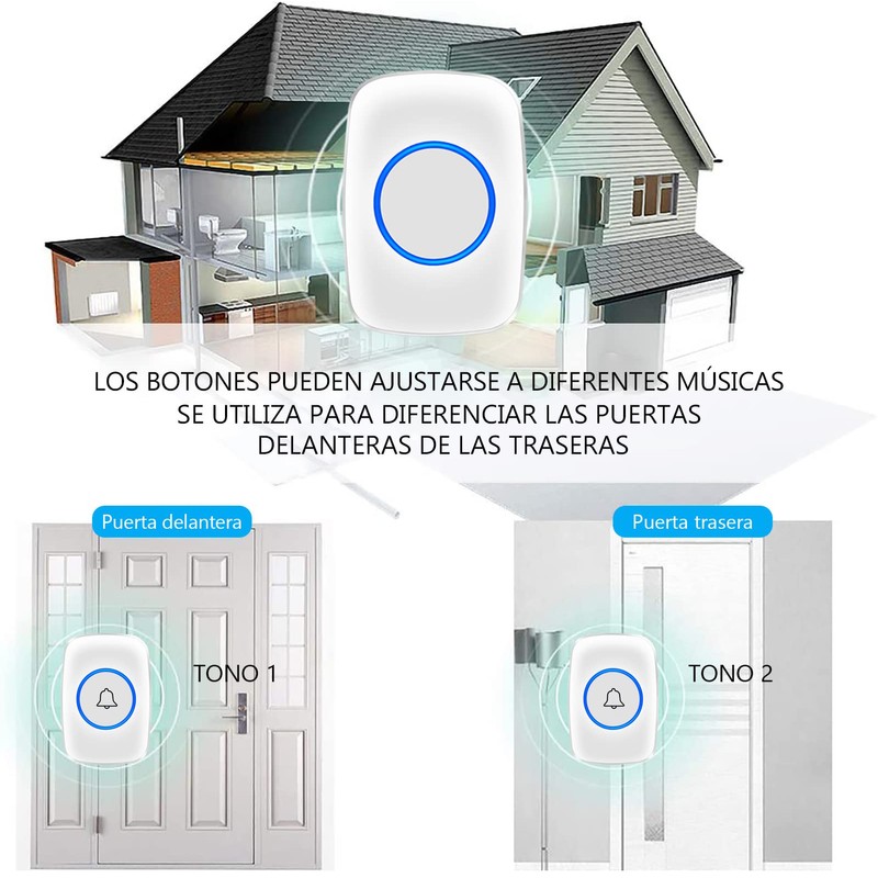 Timbre Inalámbrico para Puerta Exteriores, Botón Impermeable, Rango de Trabajo