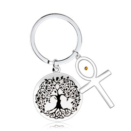 Uloveido Stainless Steel Tree of Life Keychain Key Chain with Oval Cross Mustard Seed Charm Birthday Gift Family Keychain Y764 (Oval Cross)