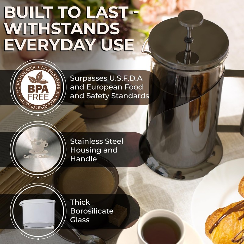 Cafe Du Chateau Stainless Steel French Press Coffee Maker -