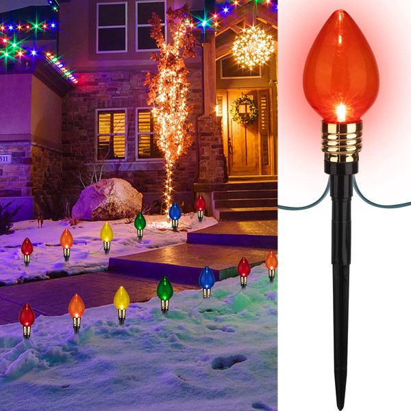 2 Pack C9 Christmas Pathway Lights Outdoor Total 34.8 Ft 20 Lights Waterproof Connectable Walkway Lights for Yard Ground Sidewalk Driveway Christmas Decorations