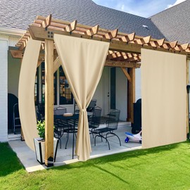 NICETOWN 2 Panels Rod-Free Outdoor Curtains for Patio Waterproof, Sticky Top & Back Tab Bottom with Free Rope for Wind Resistance, Weatherproof Drapes for Gazebo/Porch, W52 x L96 in, Biscotti Beige