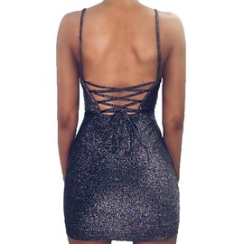 VANCOL Women's Sexy Glitter Spagetti Straps Lace Up Back Bandage Bodycon Mini Club Party Dress (S, Black)
