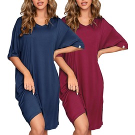 FENTENG 2-pack Women's Nightgowns Short Sleeve Nightshirt V Neck Soft Sleepwear Casual Sleepshirts Loose Pajama Dress (Wine Red+Navy Blue, 2XL)