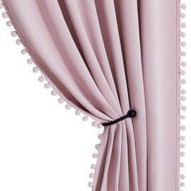 StangH Pink Blackout Curtains 90 inches Long Pompom Subtle Home Decoration for Nursery Kids Light Blocking Privacy Window Panels for Bedroom/School, W52 x L90, 2 Panels