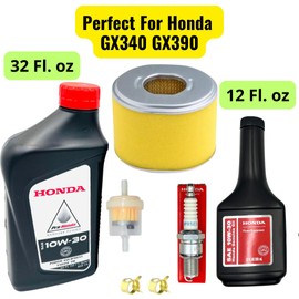 Maintenance Tune Up Kit for Honda GX340 GX390 Engines with 44 fl.oz Genuine Motor Oil 10W30 AIR Filter Replace 17210-ZE3-505 Spark Plug 98079-55846 [BPR5ES] Universal Fuel Filter and 2 Clamps