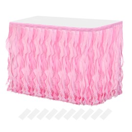 QUARKZMAN 14ft Pink Mix Tulle Table Skirt, Tulle Curly Willow Table Skirt for Rectangular Tables, Ruffle Table Skirt for Birthday, Wedding, Gender Reveal Party