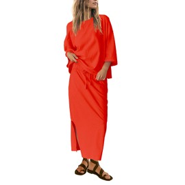 SENSERISE Womens 2 Piece Outfits Oversized Top and Maxi Skirt Set Summer Matching Sets Travel Vacation Outfits(Orange,S)