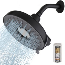 Filtered Shower Head, 8 Inch High Pressure Rainfall Showerhead and 15 Stage Shower Filter Combo for Hard Water, 360° Adjustable Swivel, 3 Spray Modes (Black)