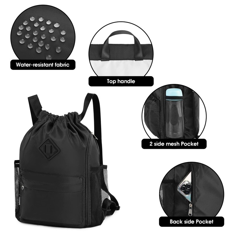WANDF Drawstring Backpack Sports Bag with Shoe Compartment Water Resistant