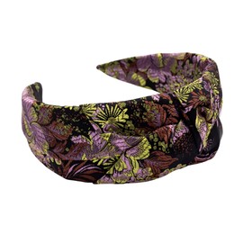 Bellefixe Knotted Headband for Women (Dark Purple Baroque), Wide Modern Knotted Black Satin Headband with Dark Purple Baroque Pattern