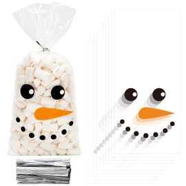 JarThenaAMCS 150Pcs Christmas Cellophane Treat Bags Cute Winter Snowman Candy Cookie Bags Plastic Xmas Cello Goodie Bags with Twist Ties for Holiday Party Favors