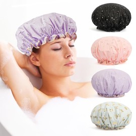 4 Pieces Sunolkie Shower Caps, Reusable Waterproof Elastic Large Shower Caps Protection for Women Shower Spa Salon Home Bathroom (Green, Black, Purple, Pink)