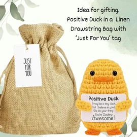 Positive Duck Crochet Emotional Support Gift & Linen Gift Bag | Cute Positive Gifts, Pocket Hug | Inspirational Gifts For Women, Men, Friends, Work Colleagues | Good Luck, Mental Health
