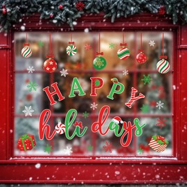 JarThenaAMCS 6 Sheet Christmas Window Clings Red Green White Xmas Ball Snowflake Gift Box Reusable Window Decals for Home School Office Winter Holiday Party Decor