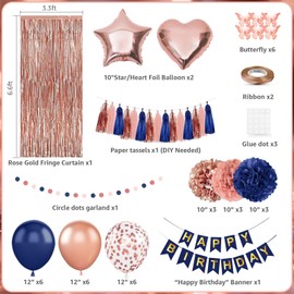 Navy Blue Rose Gold Balloons Birthday Decorations,Happy Birthday Banner,3D Butterfly Wall，Circle Dots Garland, Tissue Pompoms, Paper Tassels